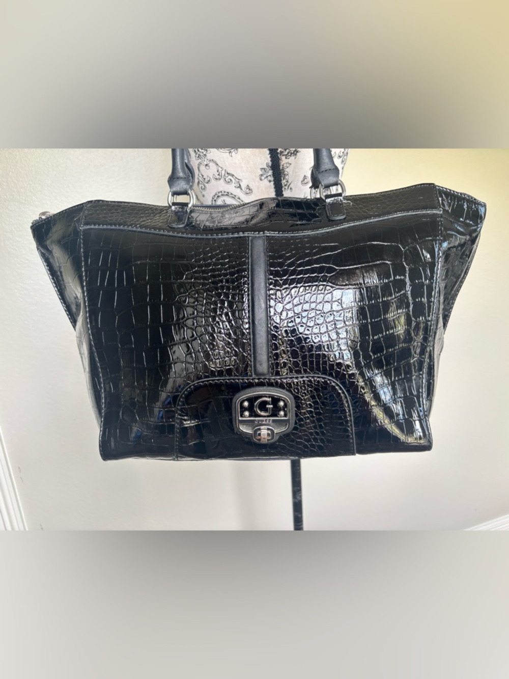 Guess Black Croc-Embossed Patent Tote - Picture 2 of 13